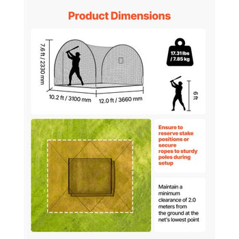 Baseball Batting Cage, 12.0 x 10.2 x 7.6 FT Freestanding Portable Batting Cage, Hitting Cages with 4-Ply Knotless Polyester & Pitching Machine Opening, Battings Cages Netting for Indoor Outdoor
