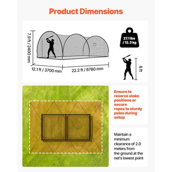Baseball Batting Cage, 22.2 x 12.1 x 7.9 FT Freestanding Portable Batting Cage, Hitting Cages with 4-Ply Knotless Polyester & Pitching Machine Opening, Battings Cages Netting for Indoor Outdoor