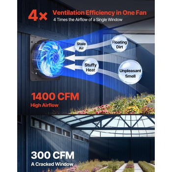 14 inch Shutter Exhaust Fan, Wall Mounted Attic Vent Fan with Variable Speed Controller, 1400 CFM, AC Motor, Heavy-duty Steel, Low Noise for Shed, Garage, Greenhouse Ventilation Cooling, Black