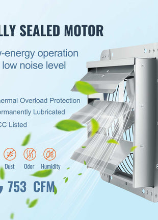Fully sealed motor exhaust fan, silver metal, low noise, 753 CFM, energy-efficient, humidity & dust resistant.