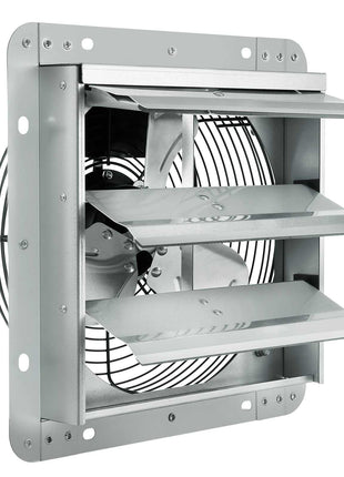 Silver industrial exhaust fan with three metal blades and adjustable shutters for optimal ventilation.