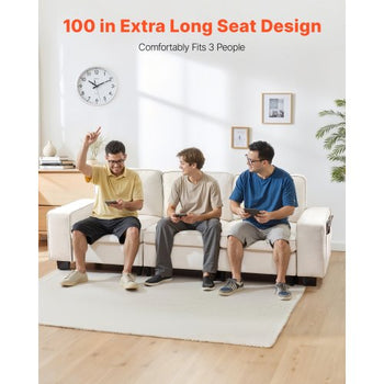 100-Inch Modular 3-Seater Sofa  Comfy Couch with Deep Seats & Hidden Storage, Modern Design for Living Room, Apartment, or Office, White