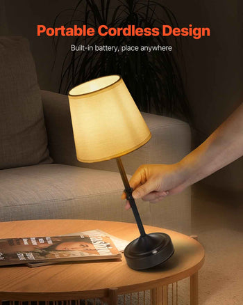 Cordless Table Lamp, 5200mAh Built-in Rechargeable Battery Desk Lamp, 3-Level Brightness, Fabric Shade, 2700-3000K Color Temperature, Table Light for Restaurant, Bedroom, Bar Counter, Black