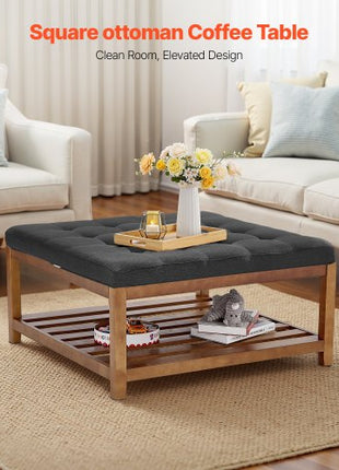 Large Square Ottoman Coffee Table, 34.5 Inch Tufted Coffee Table with Solid Wood Shelf Storage, Linen Solid Upholstered Footrest Ottoman for Bedroom Living Room, 400 LBS, Dark Gray