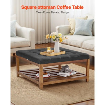 Large Square Ottoman Coffee Table, 34.5 Inch Tufted Coffee Table with Solid Wood Shelf Storage, Linen Solid Upholstered Footrest Ottoman for Bedroom Living Room, 400 LBS, Dark Gray