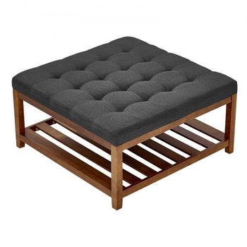 Large Square Ottoman Coffee Table, 34.5 Inch Tufted Coffee Table with Solid Wood Shelf Storage, Linen Solid Upholstered Footrest Ottoman for Bedroom Living Room, 400 LBS, Dark Gray