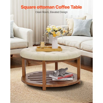 Large Round Ottoman Coffee Table, 31.9 Inch Tufted Coffee Table with Solid Wood Shelf Storage, Linen Solid Upholstered Footrest Ottoman for Bedroom Living Room, 350 LBS, Linen Color