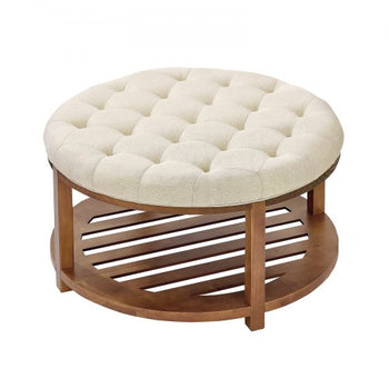 Large Round Ottoman Coffee Table, 31.9 Inch Tufted Coffee Table with Solid Wood Shelf Storage, Linen Solid Upholstered Footrest Ottoman for Bedroom Living Room, 350 LBS, Linen Color