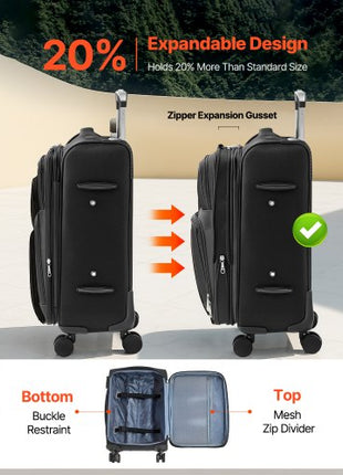 Softside Expandable Luggage with Spinner Wheels, 20-Inch Softside Carry on Luggage, Lightweight Checked Suitcase with Expandable Zippered Pocket and TSA Lock, Black