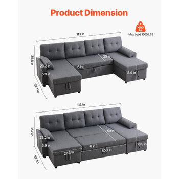 U Shaped Sofa Bed, Convertible Sofa Bed with 2 Side Pockets, 2 Pillows and Double Chaise, 6-Seat Pull Out Sleeper Couch with Large Storage Capacity for Living Room, Apartment, Metal Frame, Gray