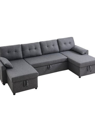 U Shaped Sofa Bed, Convertible Sofa Bed with 2 Side Pockets, 2 Pillows and Double Chaise, 6-Seat Pull Out Sleeper Couch with Large Storage Capacity for Living Room, Apartment, Metal Frame, Gray