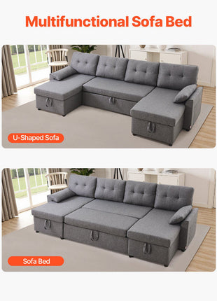 U Shaped Sofa Bed, Convertible Sofa Bed with 2 Side Pockets, 2 Pillows and Double Chaise, 6-Seat Pull Out Sleeper Couch with Large Storage Capacity for Living Room, Apartment, Metal Frame, Gray