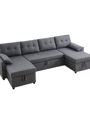U Shaped Sofa Bed, Convertible Sofa Bed with 2 Side Pockets, 2 Pillows and Double Chaise, 6-Seat Pull Out Sleeper Couch with Large Storage Capacity for Living Room, Apartment, Metal Frame, Gray
