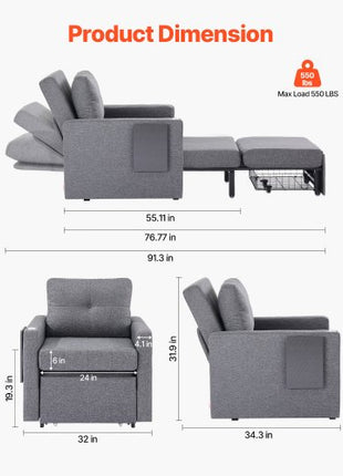 Sleeper Sofa Bed, Convertible Sleeper Bed with Side Pocket, Pillow, Armrest and Desk Board, 5 Adjustable Angles Backrest, Single Pull Out Sofa Couch with 2 Wheels and Bottom Storage, Gray