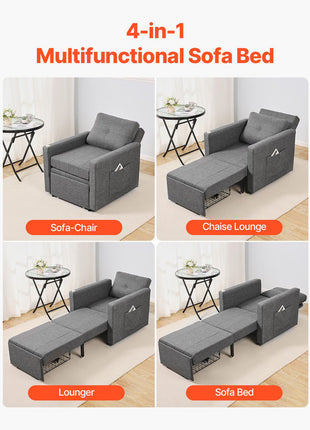 Sleeper Sofa Bed, Convertible Sleeper Bed with Side Pocket, Pillow, Armrest and Desk Board, 5 Adjustable Angles Backrest, Single Pull Out Sofa Couch with 2 Wheels and Bottom Storage, Gray