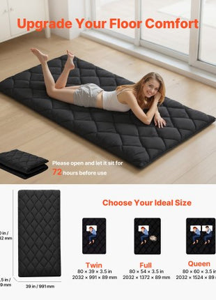 Japanese Tatami Mat, Twin Size Foldable Japanese Tatami Mattress, Futon Mattress with Storage Bag & Fastener, 9-Layer Floor Mat for Sleeping, Dormitory, Meditation, Yoga, 80 x 39 x 3.5 in, Black