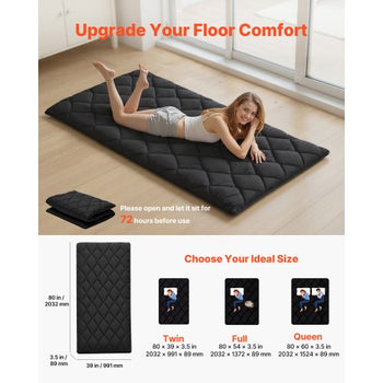 Japanese Tatami Mat, Twin Size Foldable Japanese Tatami Mattress, Futon Mattress with Storage Bag & Fastener, 9-Layer Floor Mat for Sleeping, Dormitory, Meditation, Yoga, 80 x 39 x 3.5 in, Black