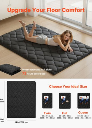 Japanese Tatami Mat, Full Size Foldable Japanese Tatami Mattress, Futon Mattress with Storage Bag & Fastener, 9-Layer Floor Mat for Sleeping, Dormitory, Meditation, Yoga, 80 x 54 x 3.5 in, Black