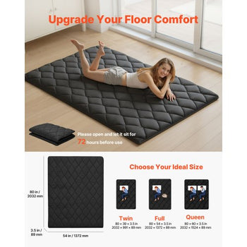 Japanese Tatami Mat, Full Size Foldable Japanese Tatami Mattress, Futon Mattress with Storage Bag & Fastener, 9-Layer Floor Mat for Sleeping, Dormitory, Meditation, Yoga, 80 x 54 x 3.5 in, Black