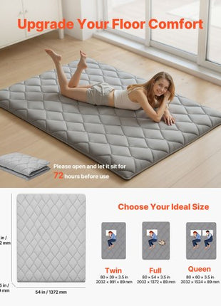 Japanese Tatami Mat, Full Size Foldable Japanese Tatami Mattress, Futon Mattress with Storage Bag & Fastener, 9-Layer Floor Mat for Sleeping, Dormitory, Meditation, Yoga, 80 x 54 x 3.5 in, Gray