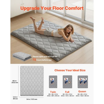 Japanese Tatami Mat, Full Size Foldable Japanese Tatami Mattress, Futon Mattress with Storage Bag & Fastener, 9-Layer Floor Mat for Sleeping, Dormitory, Meditation, Yoga, 80 x 54 x 3.5 in, Gray