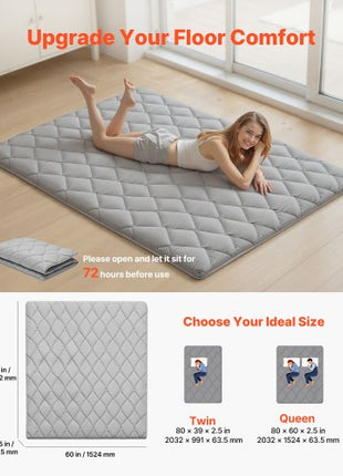 Japanese Tatami Mat, Queen Size Foldable Japanese Tatami Mattress, Futon Mattress with Storage Bag & Fastener, 9-Layer Floor Mat for Sleeping, Dormitory, Meditation, Yoga, 80 x 60 x 2.5 in, Gray