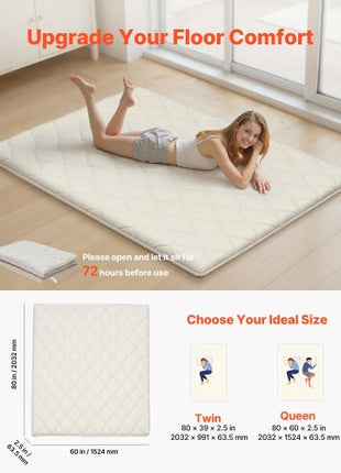 Japanese Tatami Mat, Queen Size Foldable Japanese Tatami Mattress, Futon Mattress with Storage Bag & Fastener, 9-Layer Floor Mat for Sleeping, Dormitory, Meditation, Yoga, 80 x 60 x 2.5 in, White