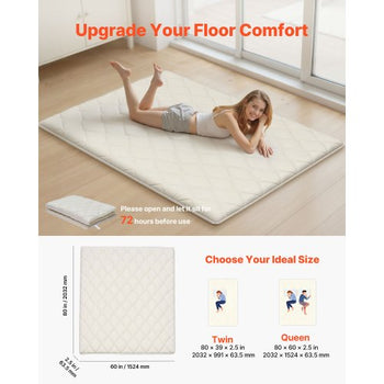 Japanese Tatami Mat, Queen Size Foldable Japanese Tatami Mattress, Futon Mattress with Storage Bag & Fastener, 9-Layer Floor Mat for Sleeping, Dormitory, Meditation, Yoga, 80 x 60 x 2.5 in, White