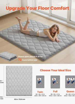 Japanese Tatami Mat, Queen Size Foldable Japanese Tatami Mattress, Futon Mattress with Storage Bag & Fastener, 9-Layer Floor Mat for Sleeping, Dormitory, Meditation, Yoga, 80 x 60 x 3.5 in, Gray