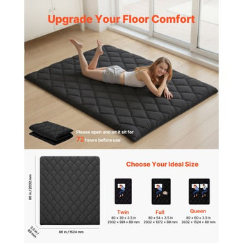 Japanese Tatami Mat, Queen Size Foldable Japanese Tatami Mattress, Futon Mattress with Storage Bag & Fastener, 9-Layer Floor Mat for Sleeping, Dorm, Meditation, Yoga, 80 x 60 x 3.5 in, Black