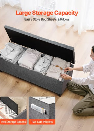 Storage Ottoman Bench, Button-Tufted End of Bed Bench with Side Bags, Flip-up Upholstered Storage Chest with Metal Frame, Linen Bed Ottoman for Living Room, Bedroom, Entryway, Office, Grey