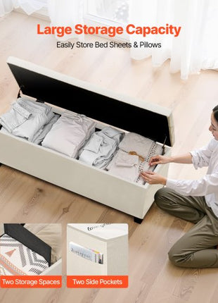Storage Ottoman Bench, Button-Tufted End of Bed Bench with Side Bags, Flip-up Upholstered Storage Chest with Metal Frame, Linen Bed Ottoman for Living Room, Bedroom, Entryway, Office, Beige