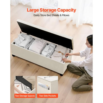 Storage Ottoman Bench, Button-Tufted End of Bed Bench with Side Bags, Flip-up Upholstered Storage Chest with Metal Frame, Linen Bed Ottoman for Living Room, Bedroom, Entryway, Office, Beige