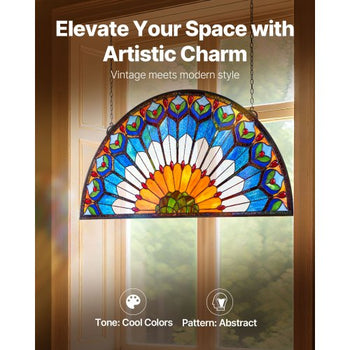 Stained Glass Window Panel, 36 x 18 in, Tiffany Style Hanging Transom Window Panel with Chain, Large Half-Round Stain Glass Hanging, Vintage Traditional Art Handcrafts for Kitchen Home Decor