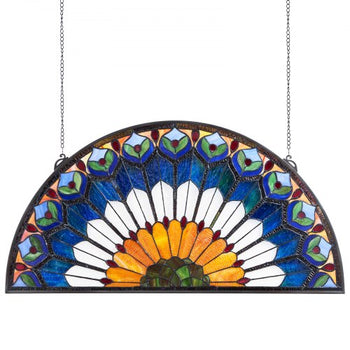 Stained Glass Window Panel, 36 x 18 in, Tiffany Style Hanging Transom Window Panel with Chain, Large Half-Round Stain Glass Hanging, Vintage Traditional Art Handcrafts for Kitchen Home Decor