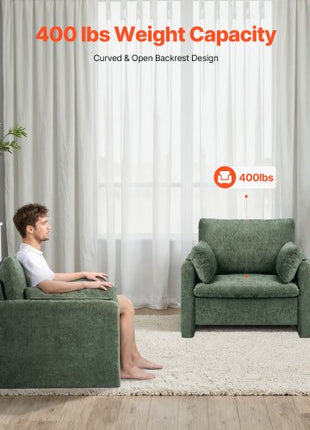 Green Accent Chair, Modern Upholstered Accent Chair with Armrests, Cloth Arm Chairs with Thick Cushion and Arched Backrest, Single Fabric Armchair for Living Room, Bedroom, Study, Office