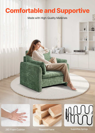 Green Accent Chair, Modern Upholstered Accent Chair with Armrests, Cloth Arm Chairs with Thick Cushion and Arched Backrest, Single Fabric Armchair for Living Room, Bedroom, Study, Office
