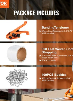 Banding Strapping Kit with Strapping Tensioner Tool, 328 ft Length Woven Strapping Cord Band, 100 Metal Seals, Pallet Packaging Strapping Banding Kit, Banding Packaging Strapping for Packing