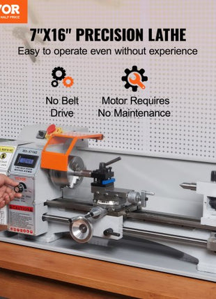 Compact Metal Lathe, 7'' x 16'', 800W, Precision Desktop Metalworking Lathe, Variable Speed 150-2500 RPM, Includes 3.9'' 3-jaw Chuck & Tool Box for Detailed Part Crafting