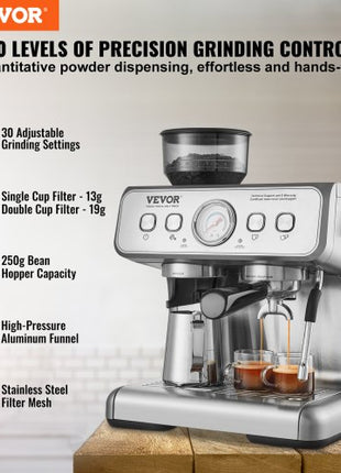 Espresso Machine with Grinder, 15 Bar Semi-Automatic Espresso Coffee Maker with Milk Frother Steam Wand, Removable Water Tank & Pressure Gauge for Cappuccino, Latte, Machiato, PID Control System