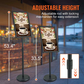 Adjustable black poster stand with height range 33.5" to 53.4", perfect for displaying coffee shop promotions.