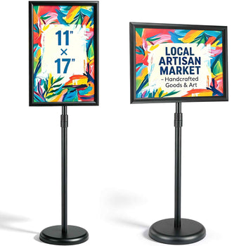 Colorful double-sided sign holder for 11” x 17” displays, featuring a sturdy black metal base and adjustable height.