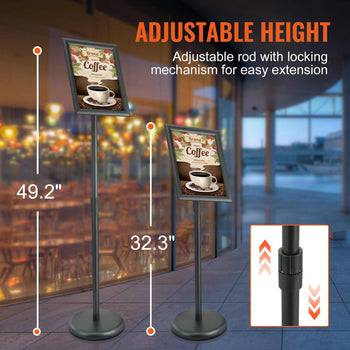 Adjustable black metal sign holder with a chic coffee design, features heights of 32.3" to 49.2" for versatile display.