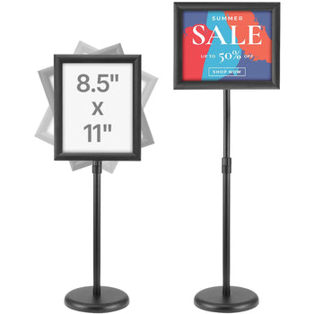 Black metal poster stand with adjustable height, displaying 8.5" x 11" frames for promotions and signage.
