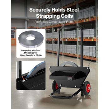 Banding Strapping Cart, Fit for Steel Strapping Coils with 23.6 inches Core Outer Size, Heavy Duty Strapping Dispenser with Rubber Wheels, Suitable for Factory, Warehouse, Loading Area