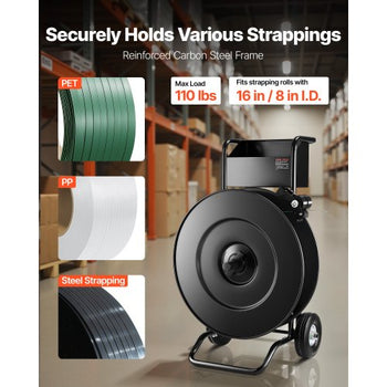 Banding Strapping Cart, Fit for PET / PP / Steel Strap Coils with 8 or 16 inches Core Size, Heavy Duty Strapping Dispenser Equipped with Upgrade Drum Brake, Built-in Spacious Tray for Tools