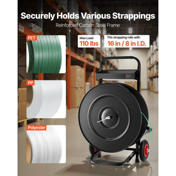 Banding Strapping Cart, Fit for PET/PP/Polyester Strapping Coils with 8 or 16 in Core Size, Heavy Duty Strapping Dispenser Equipped with Upgrade Brake System, Built-in Spacious Tray for Tools