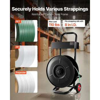 Banding Strapping Cart, Fit for PET / PP / Polyester Strapping Coils with 8 inches Core Size, Heavy Duty Strapping Dispenser Equipped with Upgrade Brake System, Built-in Spacious Tray for Tools