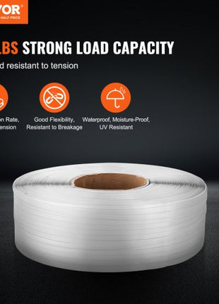 Packaging Polypropylene (PP) Strapping Roll, 9900' Length x 1/2" Width x 0.03" Thickness, 243 lbs Break Strength, Heavy Duty Banding Pallet Strap Coil, Portable Strong Packing Straps, White