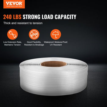 Packaging Polypropylene (PP) Strapping Roll, 9900' Length x 1/2" Width x 0.03" Thickness, 243 lbs Break Strength, Heavy Duty Banding Pallet Strap Coil, Portable Strong Packing Straps, White